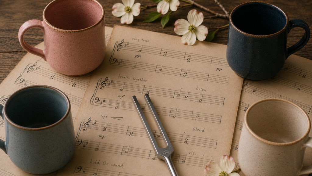 Blue Ridge Belles barbershop harmony rehearsal still life with vintage annotated sheet music, tuning fork, and four ceramic mugs representing four-part a cappella harmony in Lynchburg, Virginia.