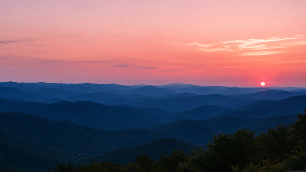 Golden hour view of the Blue Ridge Mountains near Lynchburg, Virginia, representing the community and mission of Blue Ridge Belles, a women's barbershop harmony and a cappella chorus.
