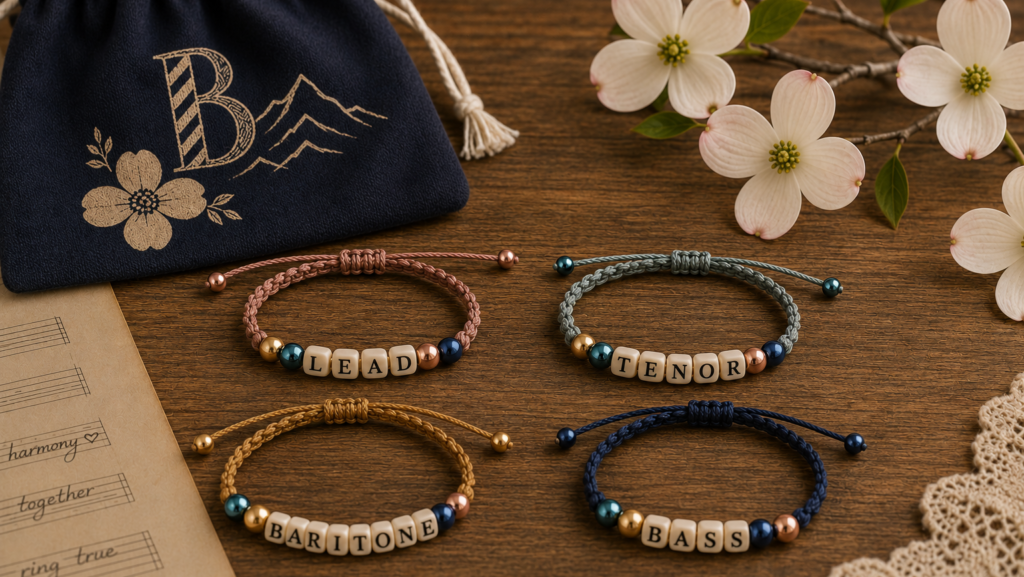 Four handcrafted friendship bracelets labeled Lead, Tenor, Baritone, and Bass beside a Blue Ridge Belles pouch and dogwood blossoms, representing friendship, four-part barbershop harmony, and a cappella music in Lynchburg, Virginia.