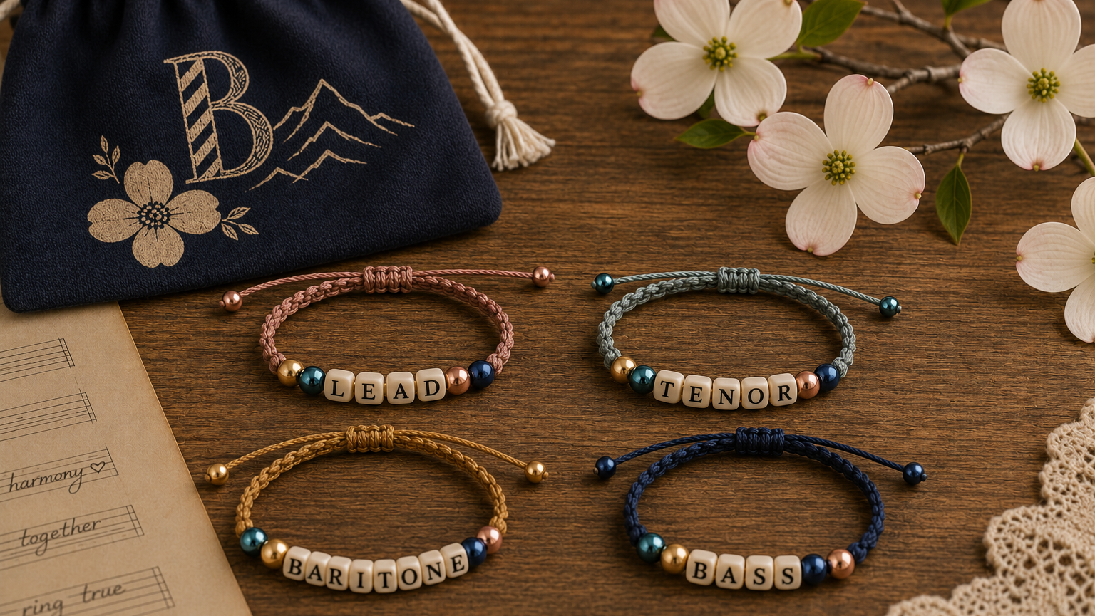 Four handcrafted friendship bracelets labeled Lead, Tenor, Baritone, and Bass beside a Blue Ridge Belles pouch and dogwood blossoms, representing friendship, four-part barbershop harmony, and a cappella music in Lynchburg, Virginia.