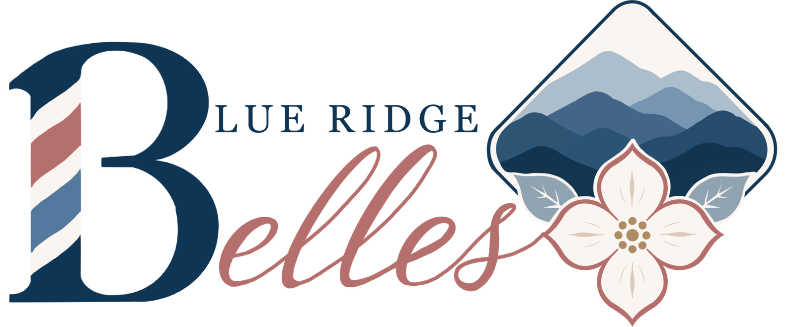 Blue Ridge Belles logo featuring layered Blue Ridge Mountains above a four-petal dogwood blossom with the ensemble name in elegant navy and dusty rose lettering.