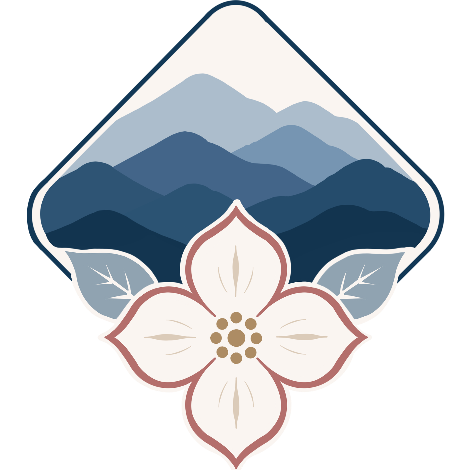 Blue Ridge Belles women's barbershop chorus logo featuring Blue Ridge mountains and a four-petal dogwood blossom.