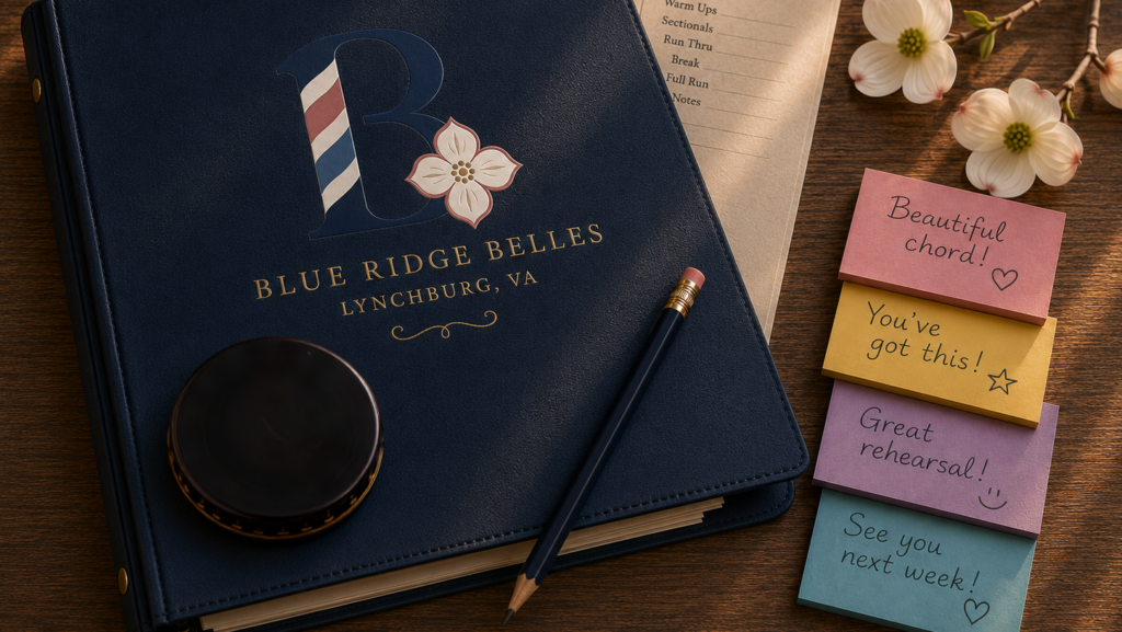 Navy Blue Ridge Belles rehearsal folder with a pitch pipe, rehearsal schedule, encouraging notes, and a dogwood branch, representing the joy of barbershop harmony and a cappella music in Lynchburg, Virginia.