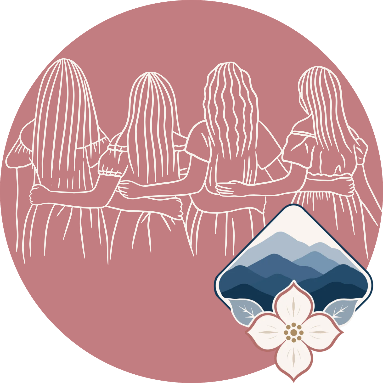 Illustrated icon of four women standing together, representing friendship and belonging at Blue Ridge Belles.