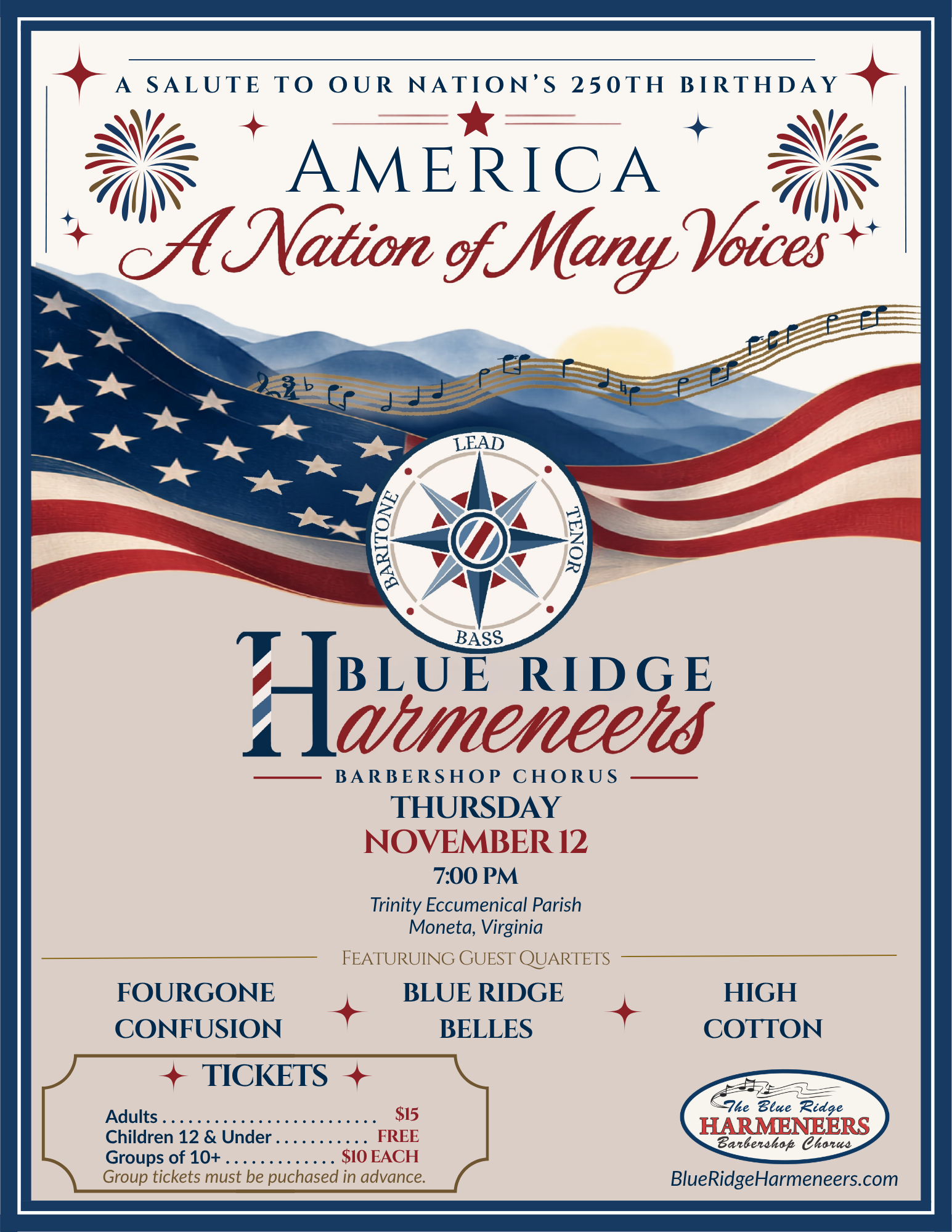 Blue Ridge Harmeneers patriotic concert poster featuring the 2026 performance "America: A Nation of Many Voices," celebrating America's 250th birthday with guest quartet Blue Ridge Belles in Moneta, Virginia.